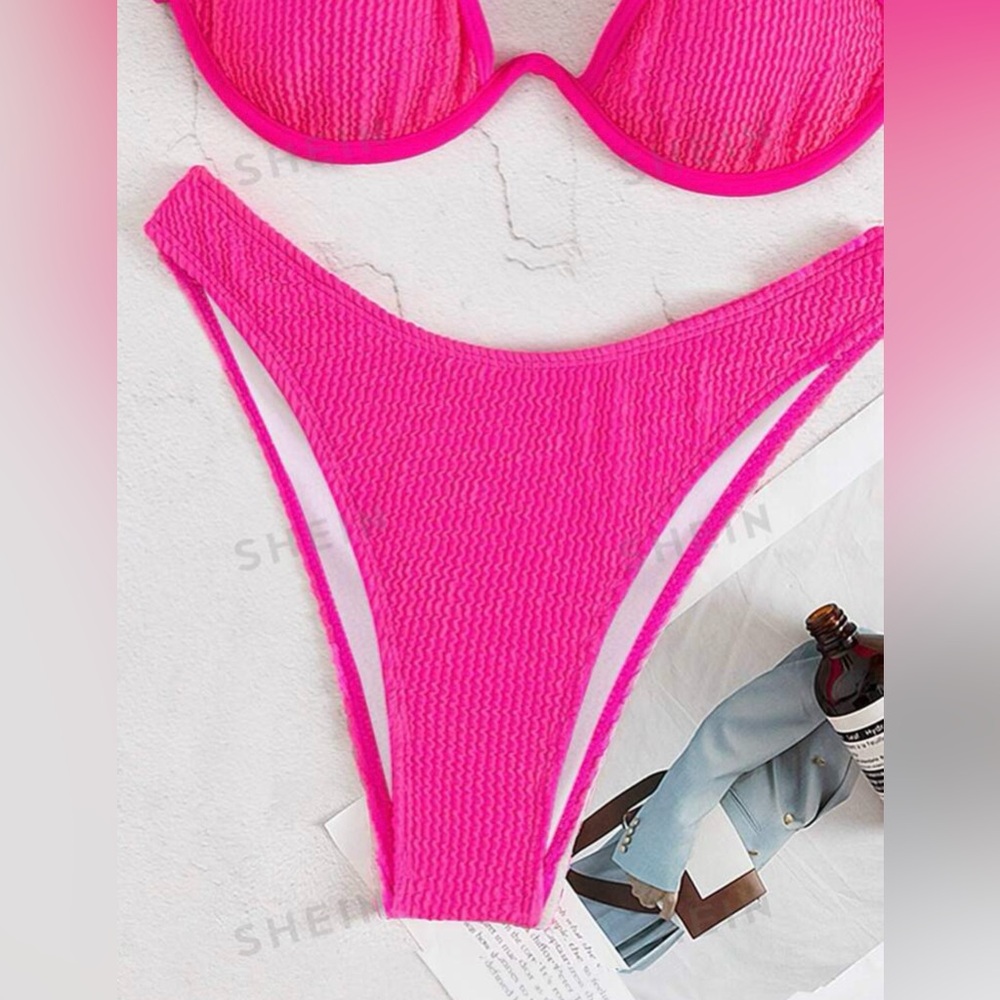 SHEIN Swim Bikinis: Tie-Dye Beach Underwire & Thong Bikini, Pink Textured Bikini - Picture 14 of 14